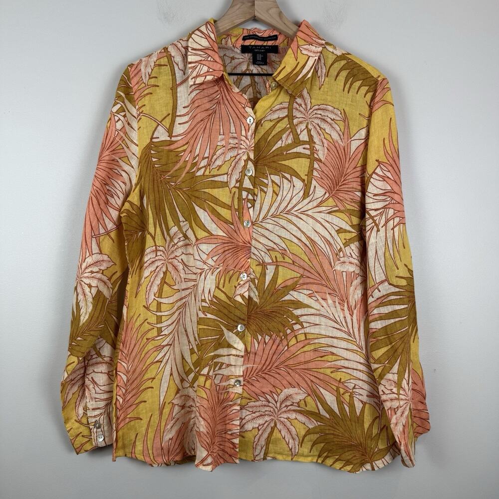 Tahari Women 100% Linen Tropical Button Up Shirt M Multicolor Beachy Flax Resort